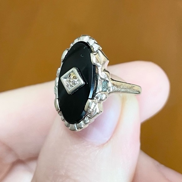 14k onyx art deco style black Cabochon white gold vintage size 4 ring - Picture 7 of 9